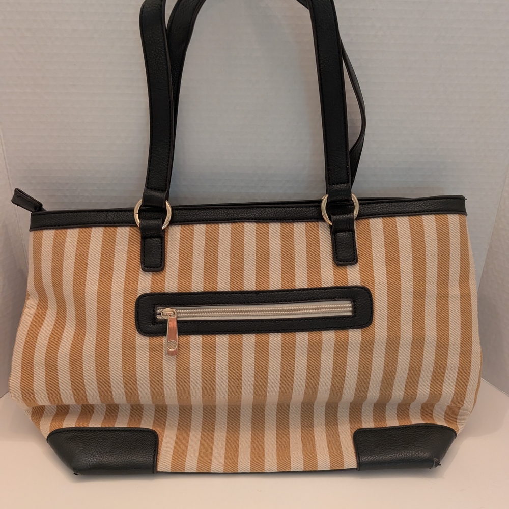 Elegant Striped Tan and Black Tote Bag